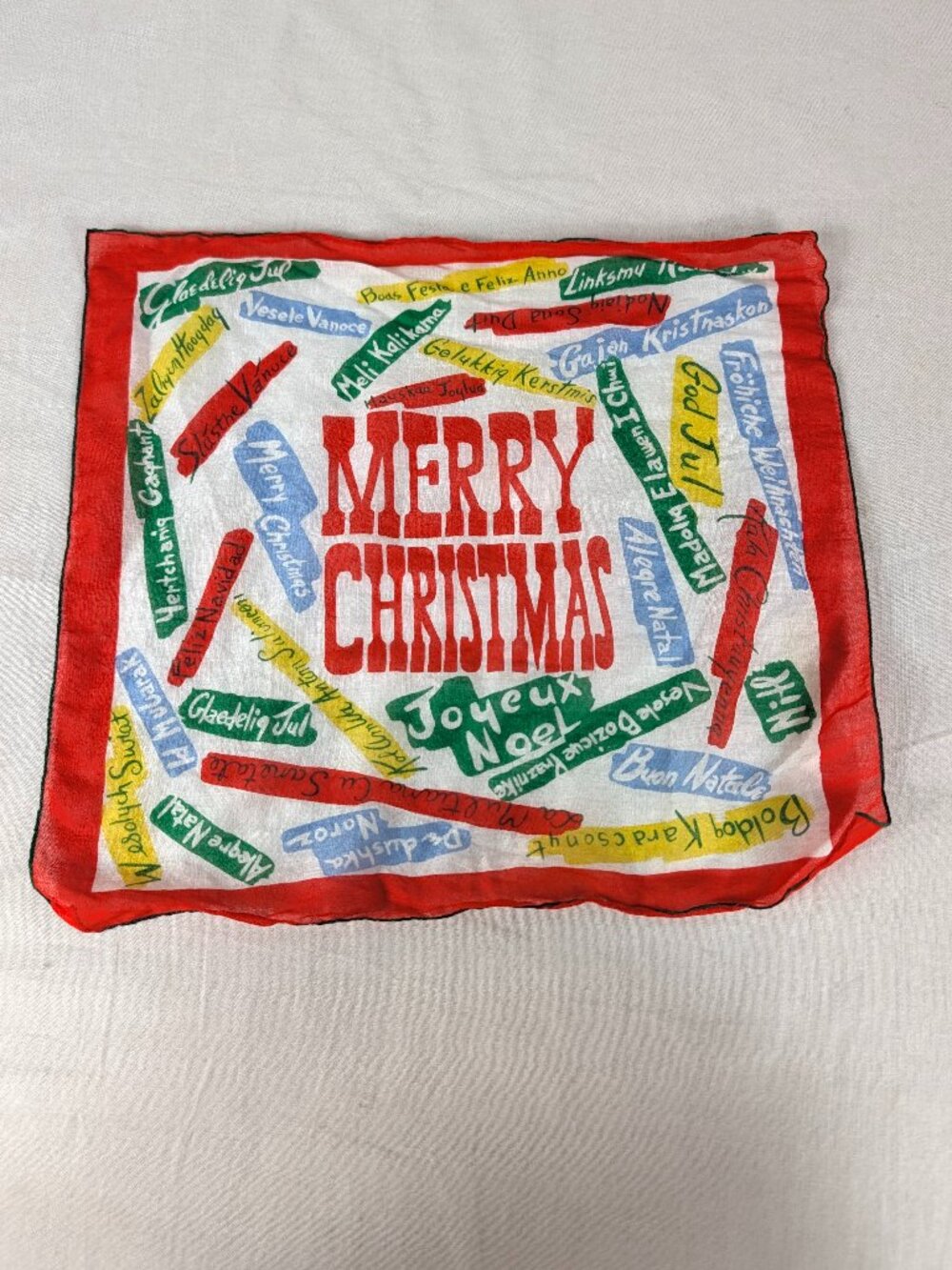 Merry Christmas Different Languages Multilingual Handkerchief Hankie Scarf Vtg